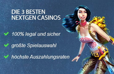 Das Bild zeigt eine bekannte Figur aus einem NextGen Spielautomaten und beschreibt die Vorteile der ausgew?hlten Casinos.